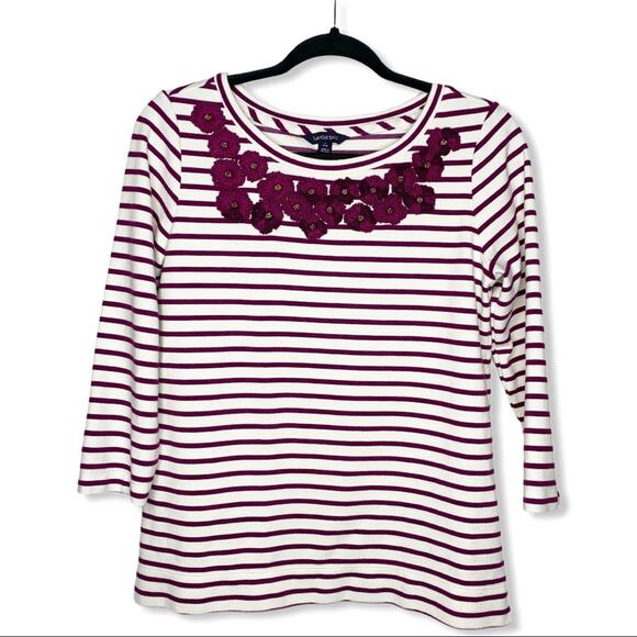 LAND'S END / purple white striped 3/4 sleeve embroidered floral top / S - Picture 1 of 7
